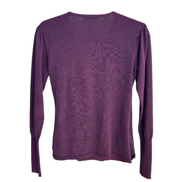 Calvin Klein Petites Womens Deep V Neck Purple Metallic Knit Wrap Blouse Top P/S - Picture 2 of 8